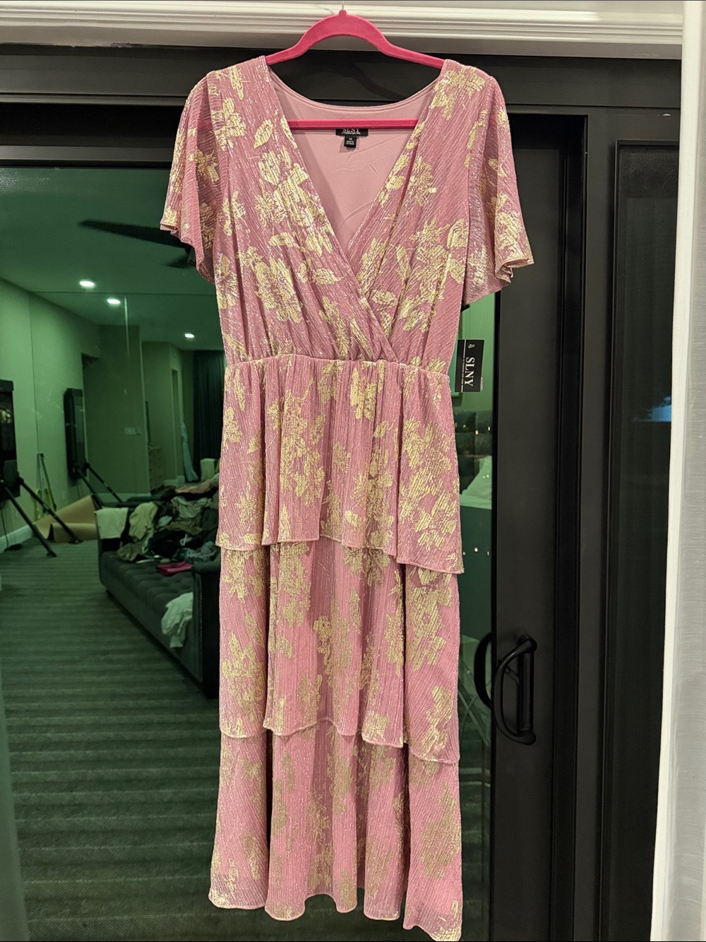 SLNY Pink Tiered V-Neck Dress with Gold Floral Detail